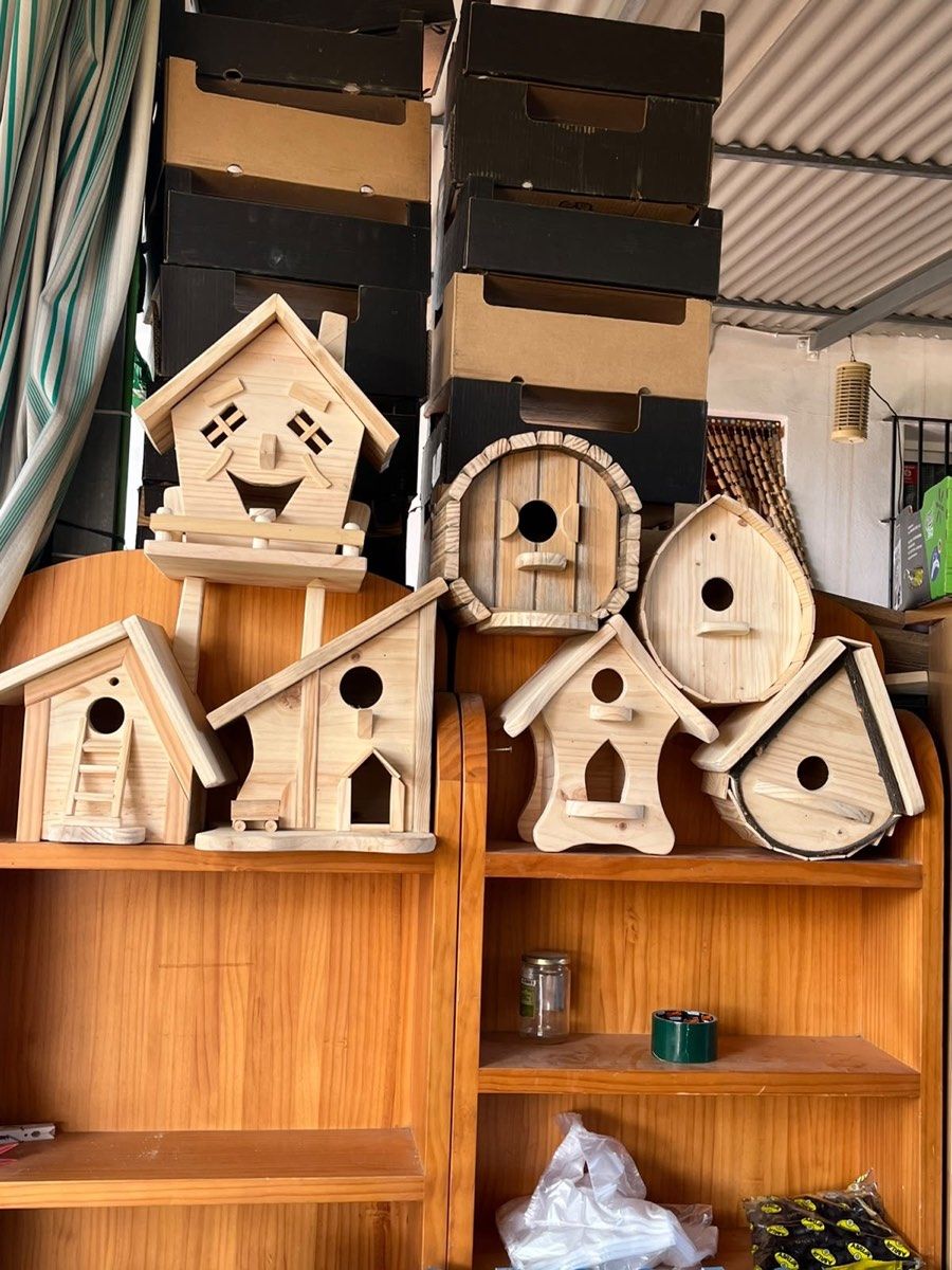 Varias casitas de madera de diferentes formas expuestas en estanterías.
