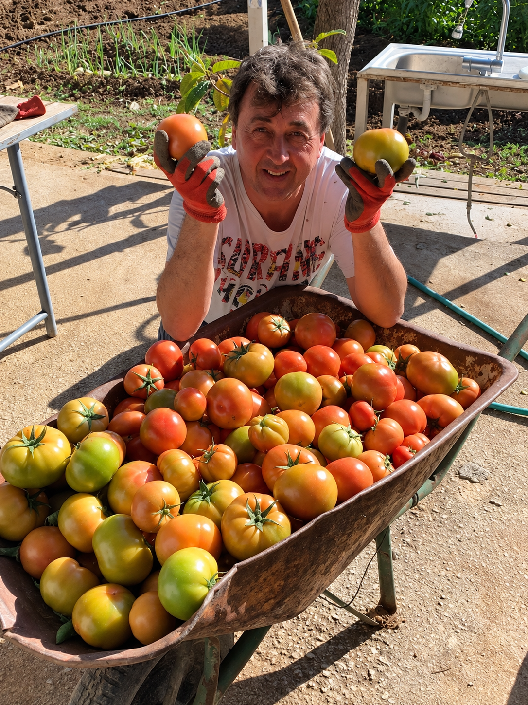 Una persona muestra tomates junto a una carretilla llena de la cosecha.