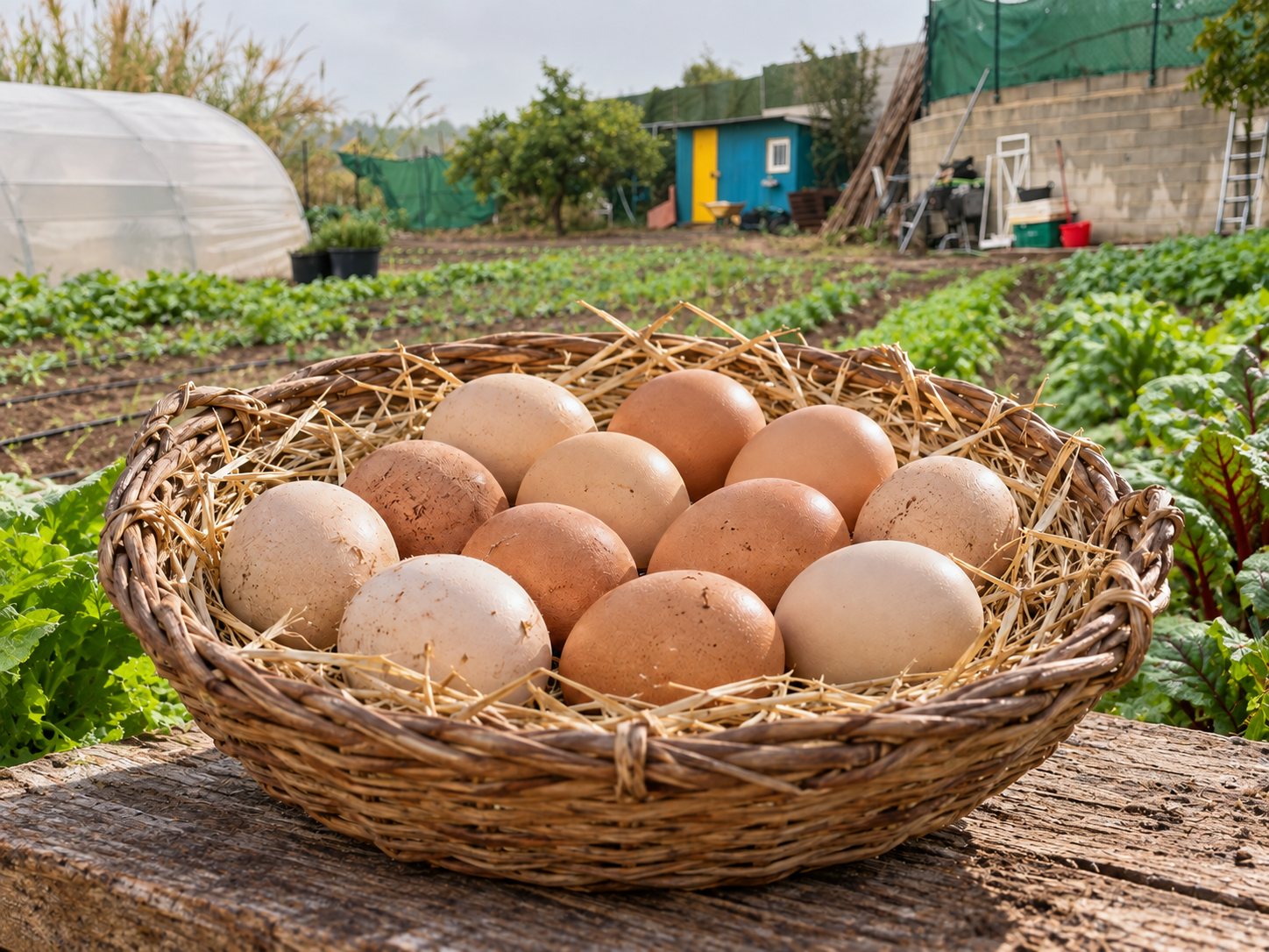 Huevos caseros sueltos, sin caja, en el huerto de Bionatura.