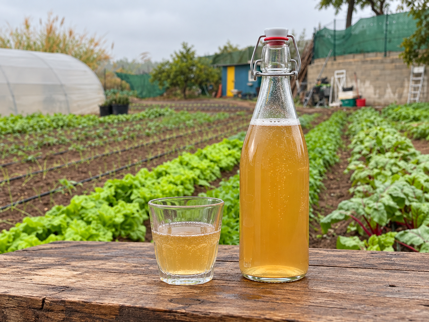Botella sin marca de kombucha bio en el huerto de Bionatura.