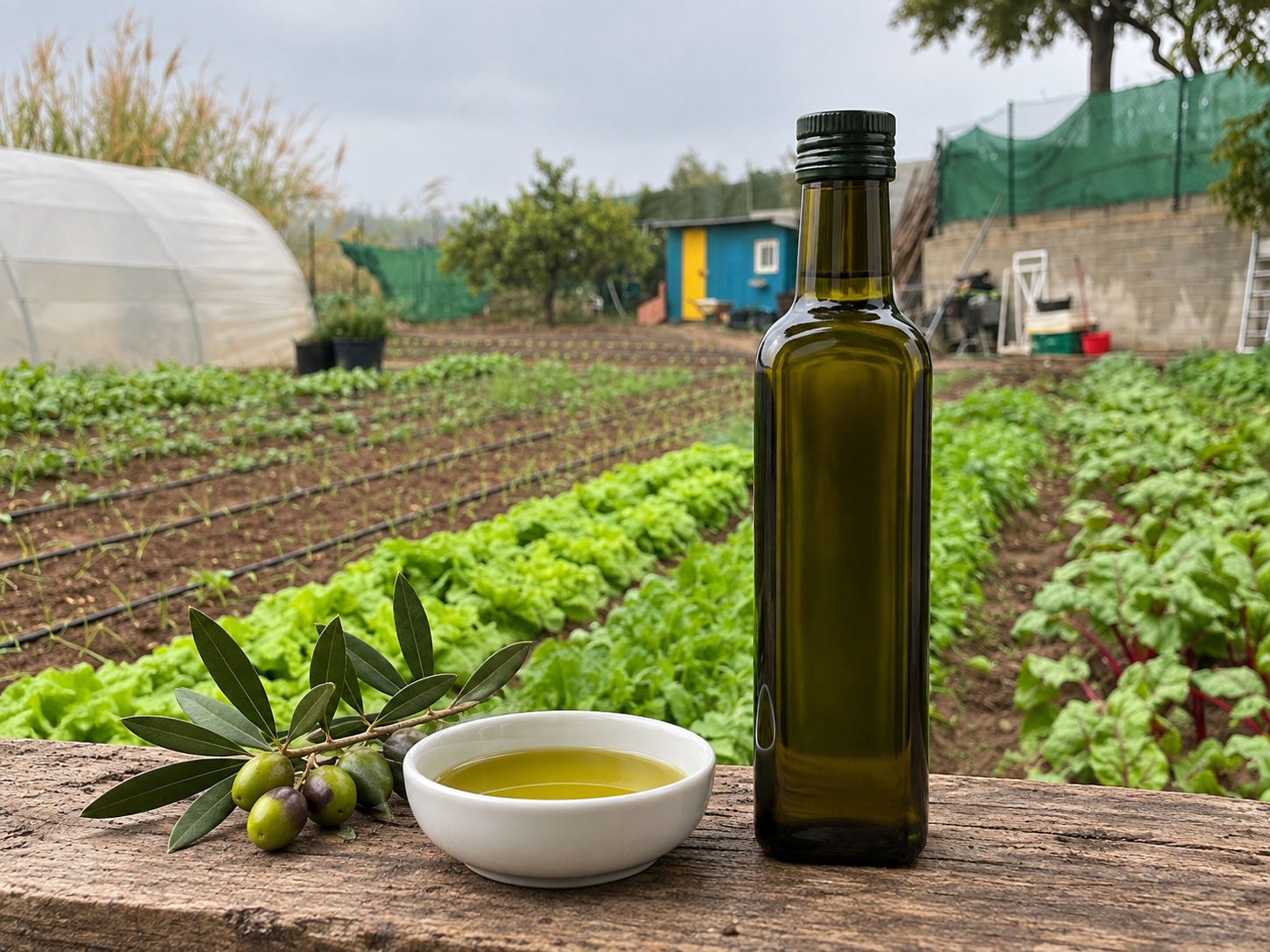 Botella sin marca de aceite de oliva bio en el huerto de Bionatura.