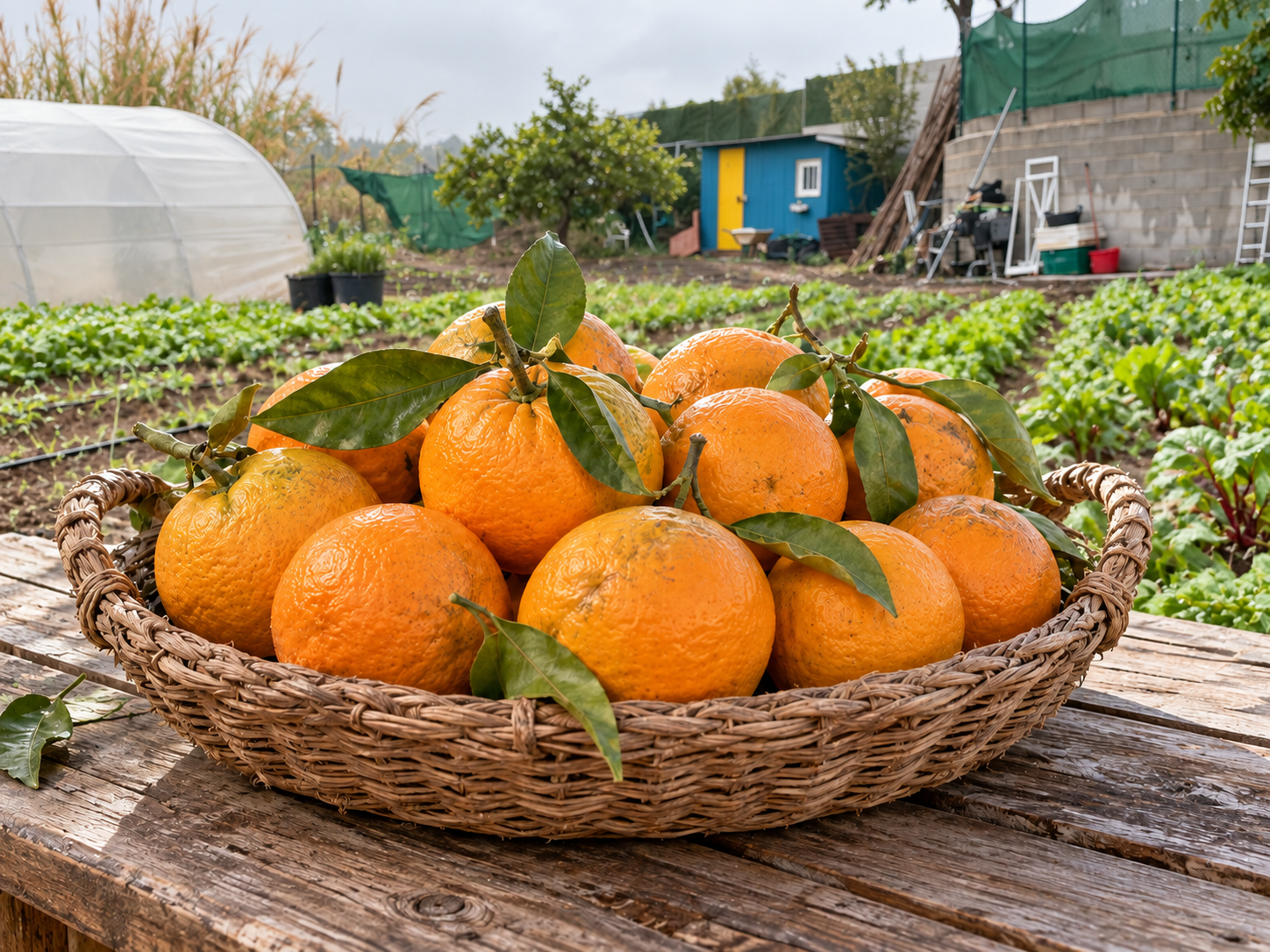 Naranjas con hojas en el huerto de Bionatura.