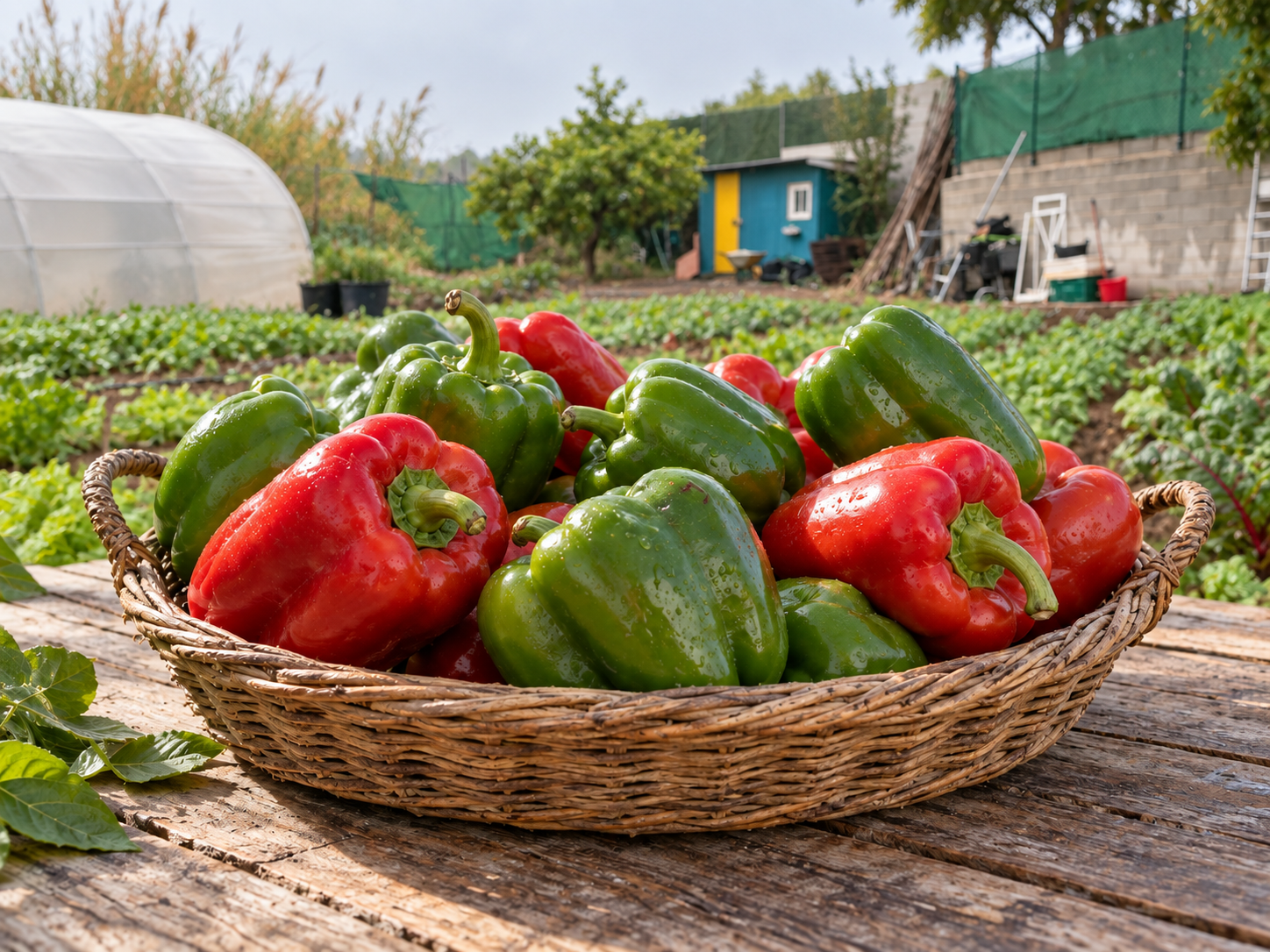 Pimientos rojos y verdes delante del huerto de Bionatura.