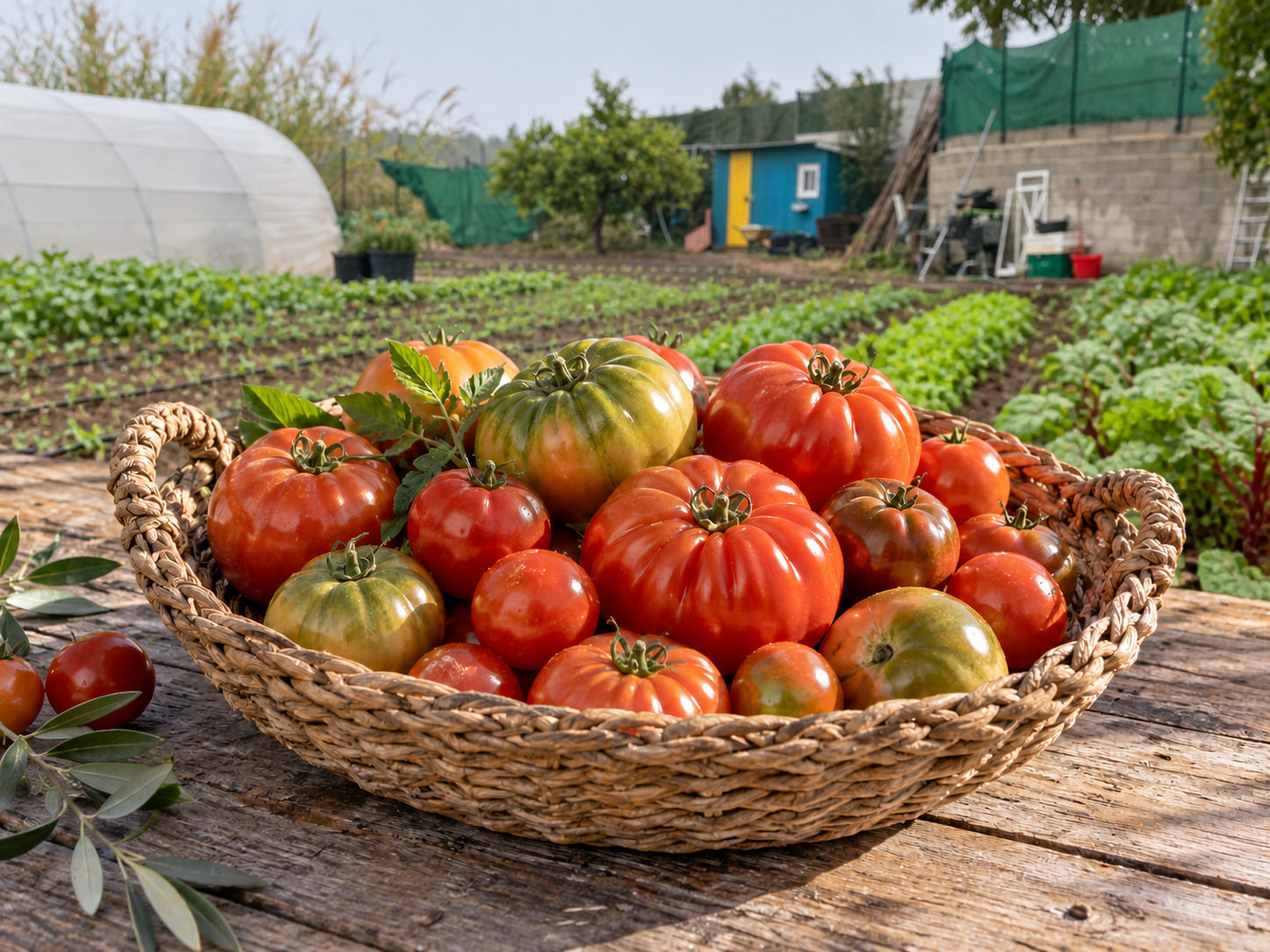 Tomates recién recogidos con el huerto de Bionatura al fondo.